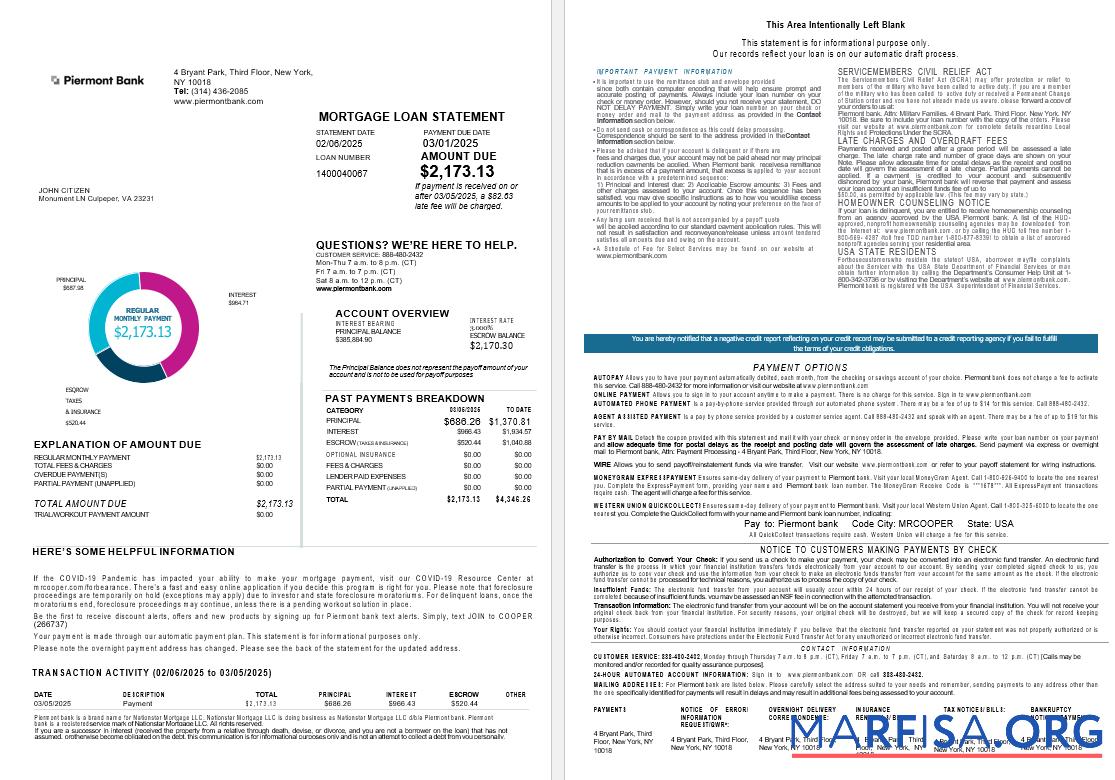 Printable USA New York Piermont bank mortgage loan statement in Word and PDF formats , 4 pages 1 2 real example
